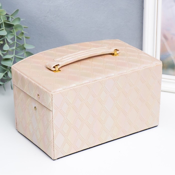 Шкатулка кожзам для украшений сундук  Шкатулка кожзам для украшений сундук "Сеть из ромбов. Сливочный перламутр" 13х16х23 см