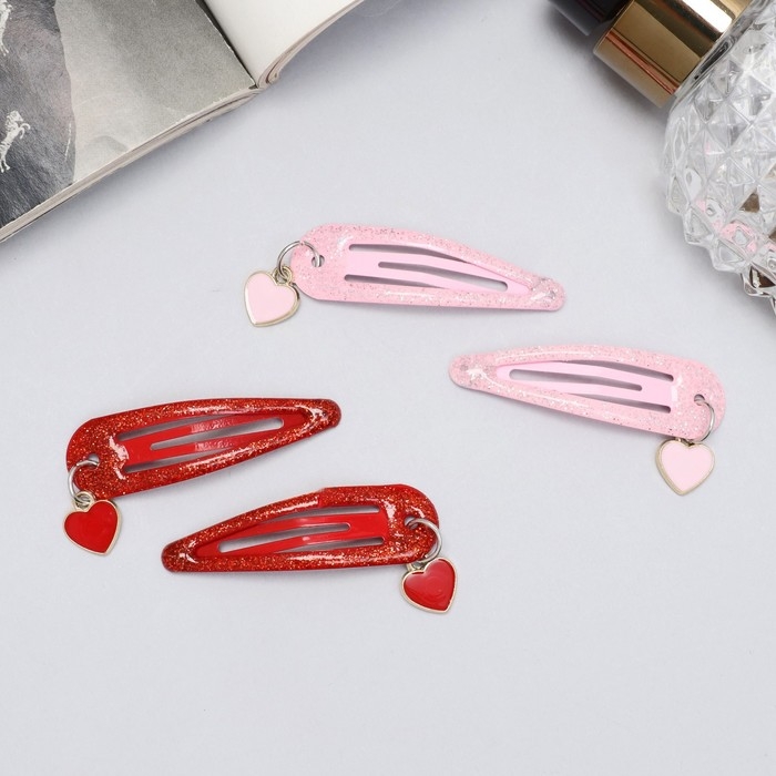 Невидимка для волос  Невидимка для волос "Офелия" (набор 4 шт) сердечки, 4,5 см, красный розовый