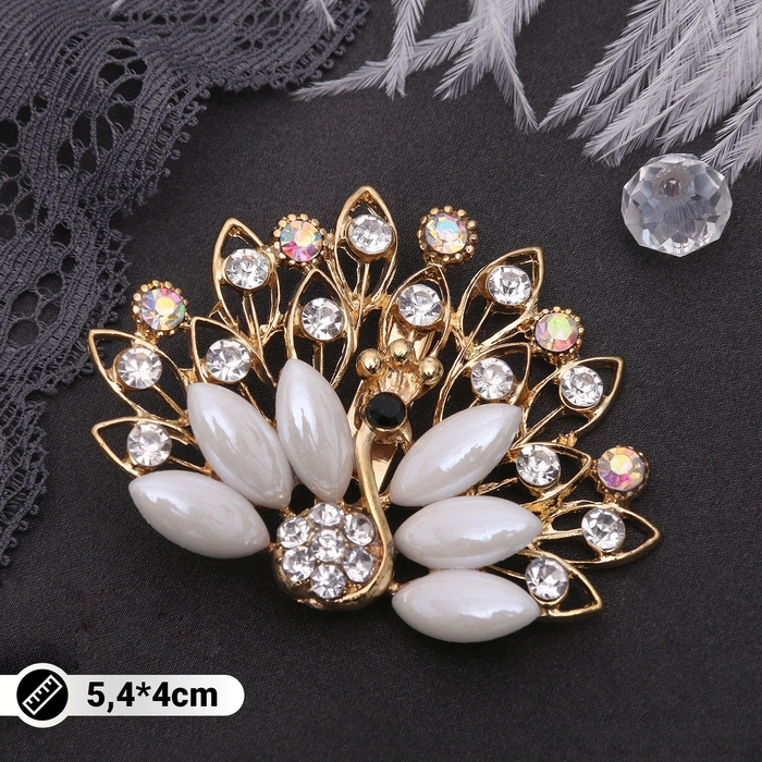 Брошь &laquo;Павлин&raquo; с пушистым хвостом, цвет бело-радужный в золоте