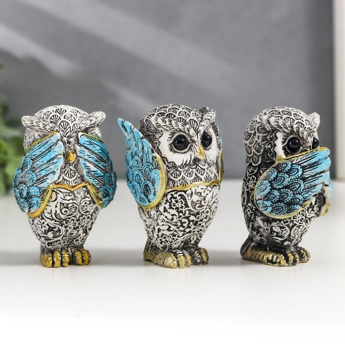 Сувенир полистоун Сувенир полистоун "Филин - не вижу, не слышу, не скажу" серо-голубой МИКС 7х4,5х3,5 см