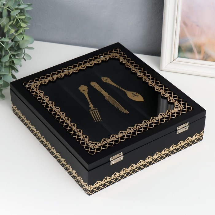 Шкатулка дерево с делениями Шкатулка дерево с делениями "Столовые предметы" чёрная с золотом 26х24х6,8 см