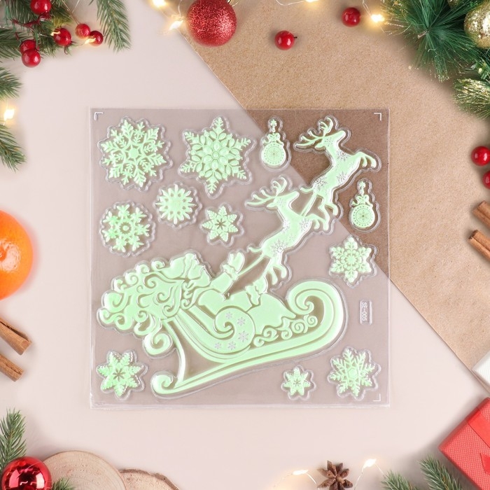 Наклейки на окна, светящиеся Наклейки на окна, светящиеся "Новогодние" Дед Мороз, сани, 27 х 21 см