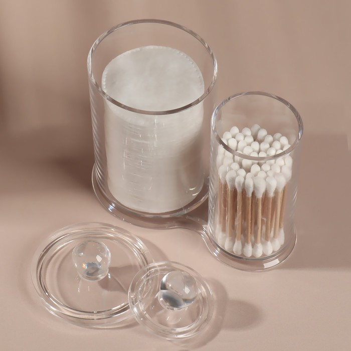 Органайзер для хранения ватных палочек и дисков, с крышкой, 2 секции, 12,5 × 7,3 × 13,5 см, в картонной коробке, цвет прозрачный