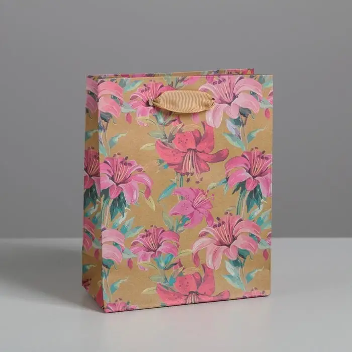 Пакет подарочный крафтовый, упаковка, &laquo;Цветы&raquo;, S 12 х 15 х 5.5 см