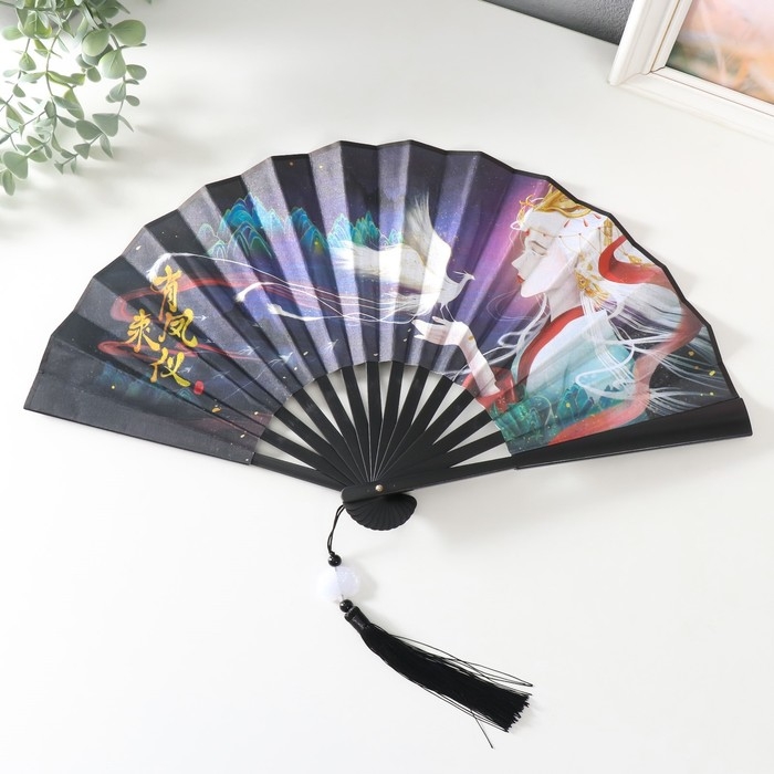 Веер пластик, текстиль h=27 см  Веер пластик, текстиль h=27 см "Девушка и феникс" с кисточкой