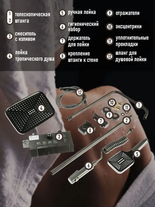 Душевая система ZEIN Z3685, верхняя и ручная лейка, ПВХ шланг, гигиенический набор, графит