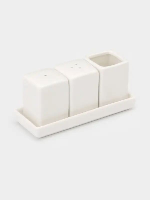 Набор для специй Magistro &laquo;Бланш&raquo;, 3 предмета на подставке: перечница, солонка, ёмкость для зубочисток, 14&times;5.5&times;7 см, фарфор, белый