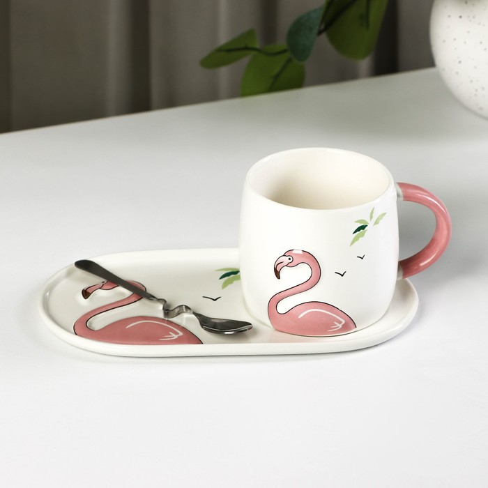 Чайная пара керамическая «Тропики», 300 мл, подставка 21×11,5, ложка Чайная пара керамическая «Тропики», 300 мл, подставка 21×11,5, ложка