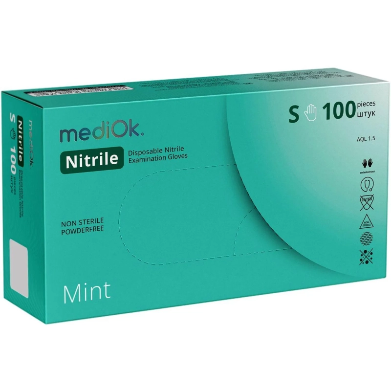 Перчатки нитрил. н/с. н/о, зеленые MediOk (S) 50п/уп, 4гр