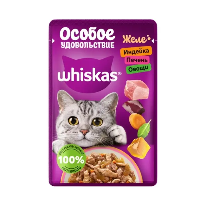 Влажный корм Whiskas для кошек, желе индейка/печень/овощи, 75г Влажный корм Whiskas для кошек, желе индейка/печень/овощи, 75г
