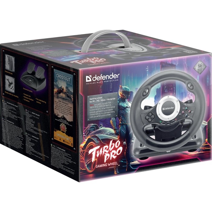 Руль Defender Turbo Pro, проводной, вибрация, для PC, 2 педали, USB Руль Defender Turbo Pro, проводной, вибрация, для PC, 2 педали, USB
