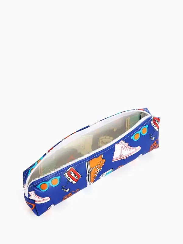Косметичка-пенал на молнии, с рисунком, синяя