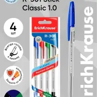 Набор шариковых ручек ErichKrause R=301 Classic Stick, 4 цвета, узел 1 мм, прозрачный корпус