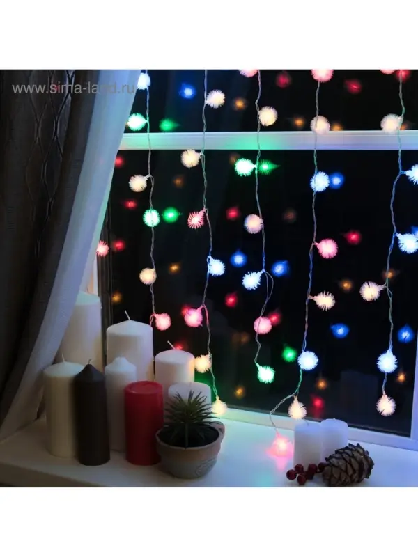 Гирлянда &laquo;Занавес&raquo; 2&times;1.5 м с насадками &laquo;Ёжики&raquo;, IP20, прозрачная нить, 360 LED, свечение мульти, 8 режимов, 220 В