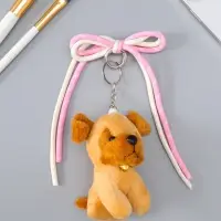 Брелок текстиль "Милый щенок с бело-розовым бантиком" коричневый 5х9,5х20 см