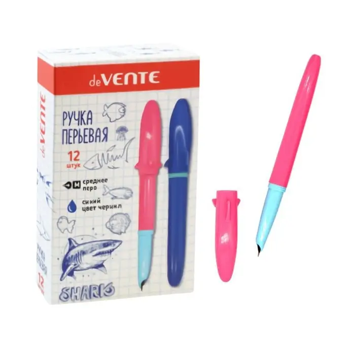Ручка перьевая школьная, deVENTE Shark М с 1 баллончиком 0.8 мл, синий/чёрный, МИКС × 4 цвета, картонная коробка Ручка перьевая школьная, deVENTE Shark М с 1 баллончиком 0.8 мл, синий/чёрный, МИКС × 4 цвета, картонная коробка