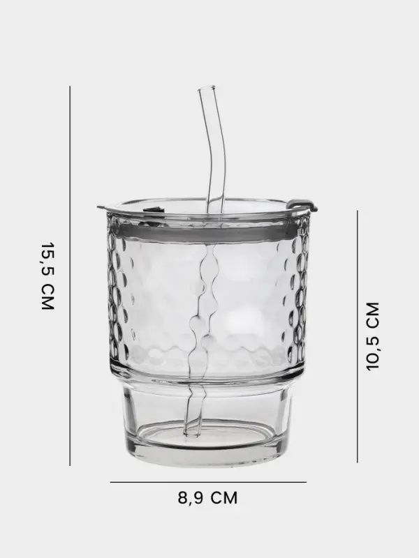 Стакан &laquo;Сота&raquo;, 350 мл, 8.9&times;15.5 см, с крышкой и трубочкой, стекло, прозрачный