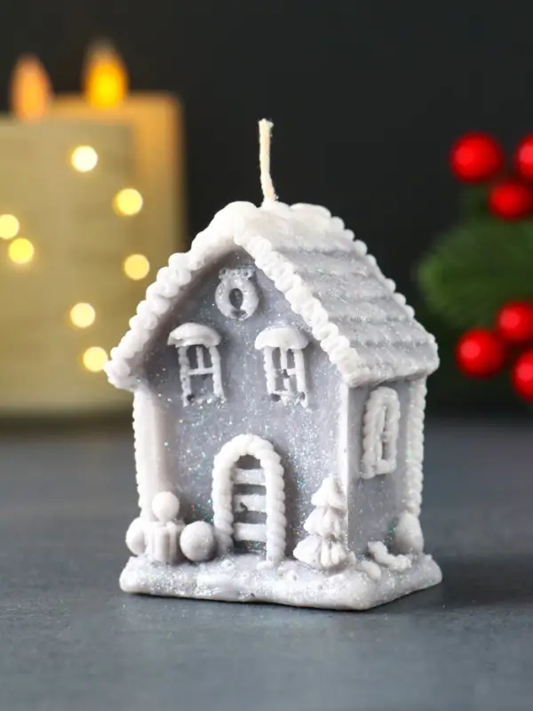 Свеча новогодняя "Домик с Ёлкой" 55х70 мм, серый