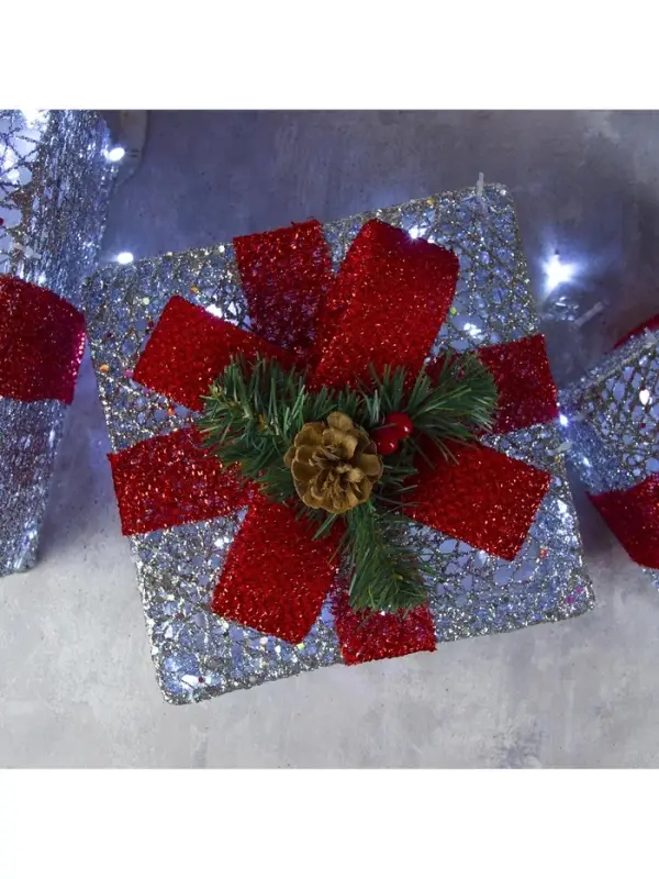 Светодиодная фигура &laquo;Подарки с красной лентой&raquo; 15, 20, 25 см, текстиль, металл, 220 В, свечение белое