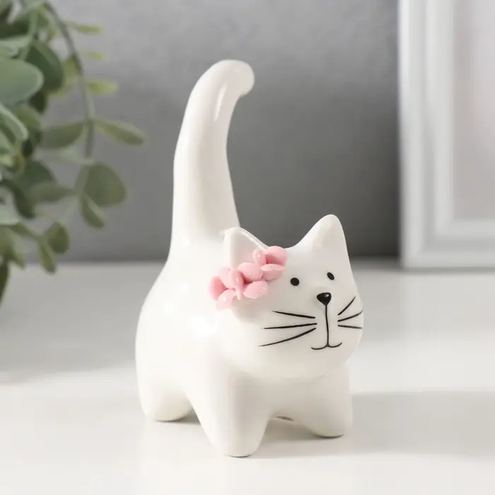 Фигурка керамика &laquo;Котик белый пухлый с розовыми цветочками&raquo;, 7.8&times;5&times;10 см