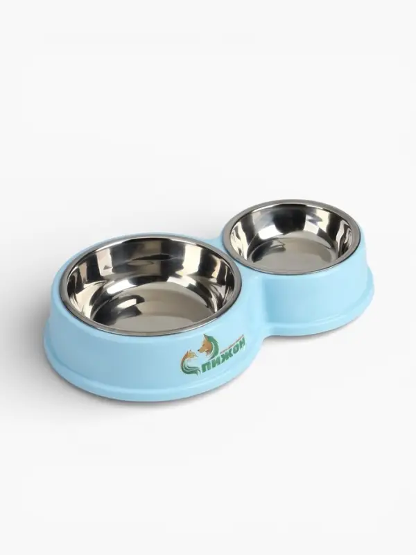 Миска двойная, 28&times;17.3&times;5 см, на пластиковом основании, металл, голубая