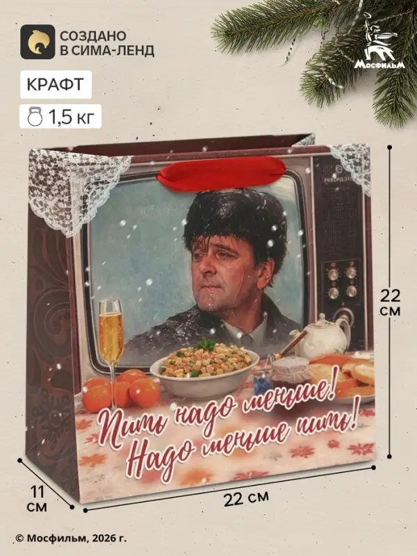Пакет подарочный квадратный &laquo;С Новым годом&raquo;, Мосфильм, Ирония Судьбы, 22&times;22&times;11 см