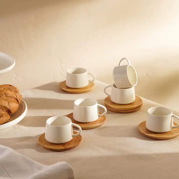 Сервиз чайный SL Home &laquo;Тренто&raquo;, 12 предметов: 6 чашек 90 мл, 6 деревянных подставок, фарфор, белый