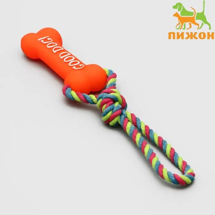 Игрушка для собак &laquo;Кость&raquo;, 14 см, резиновая, с ручкой из каната, до 37 см, цвет МИКС