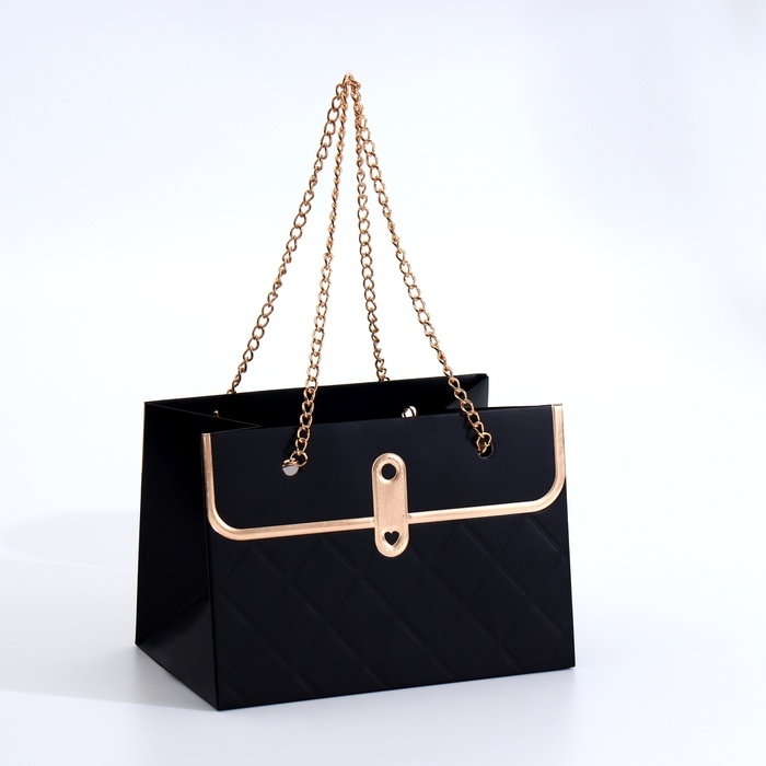 Пакет для цветов, ручка цепь,  Пакет для цветов, ручка цепь, "Чёрный", с золотым тиснением, 15 х 10,5 х 10 см