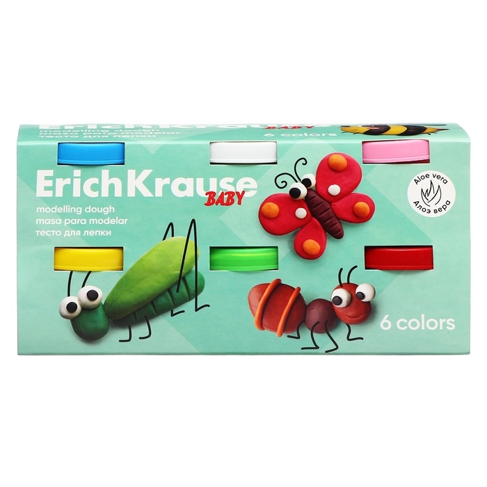 Тесто для лепки, 6 цветов по 35 г, ErichKrause  Тесто для лепки, 6 цветов по 35 г, ErichKrause "Baby", С Алоэ Вера, в коробке-рукаве