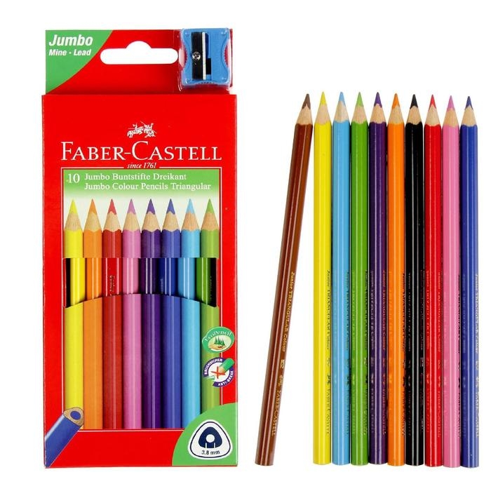 Карандаши Jumbo 10 цветов, Faber-Castell, трёхгранные, с точилкой, картонная коробка Карандаши Jumbo 10 цветов, Faber-Castell, трёхгранные, с точилкой, картонная коробка
