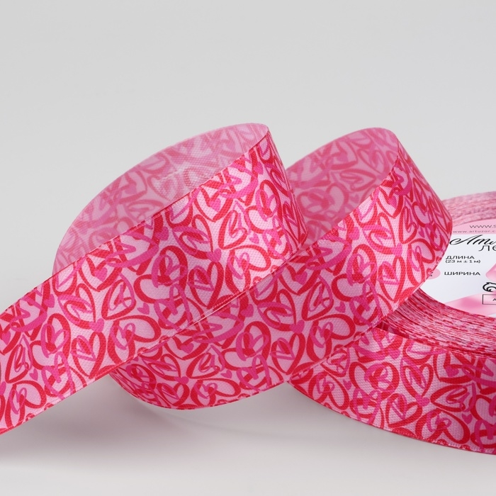 Лента атласная «Сердца», 25 мм × 23 ± 1 м, цвет фуксия Лента атласная «Сердца», 25 мм × 23 ± 1 м, цвет фуксия