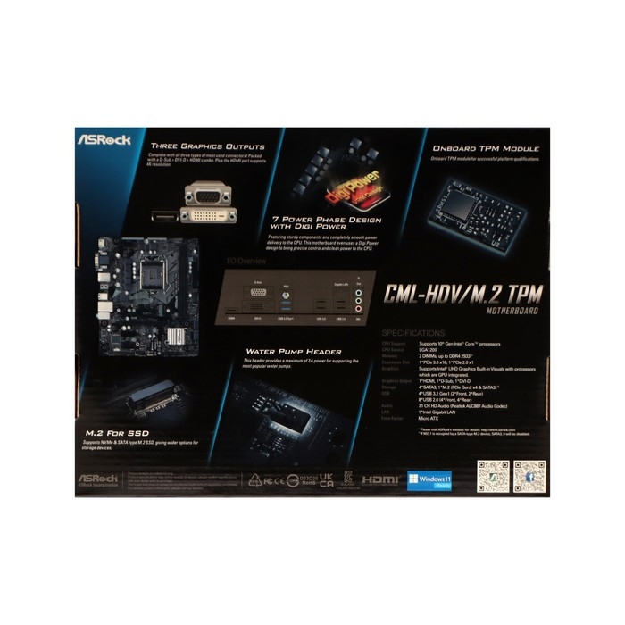 Материнская плата ASRock CML-HDV/M.2 TPM, LGA 1200, H310, 2xDDR4, DVI, VGA, HDMI, mATX Материнская плата ASRock CML-HDV/M.2 TPM, LGA 1200, H310, 2xDDR4, DVI, VGA, HDMI, mATX
