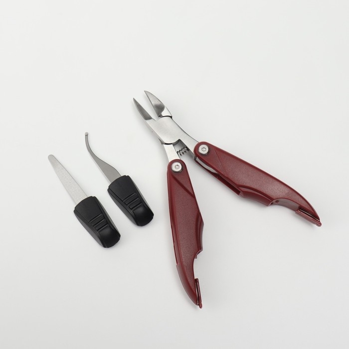 Кусачки педикюрные, 3 в 1, с лазерной пилочкой, изогнутое лезвие, складные, 8,7 см, длина лезвия - 18 мм, цвет бордовый