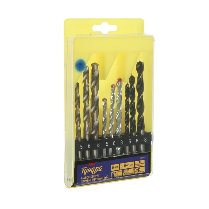 Набор сверл комбинированный ТУНДРА, цилиндрический хвостовик, 5-6-8 мм, 9 шт. Набор сверл комбинированный ТУНДРА, цилиндрический хвостовик, 5-6-8 мм, 9 шт.