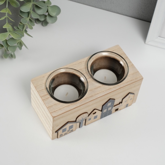 Подсвечник дерево на 2 свечи  Подсвечник дерево на 2 свечи "Домики" d=4 см 7,7х15,5х8 см