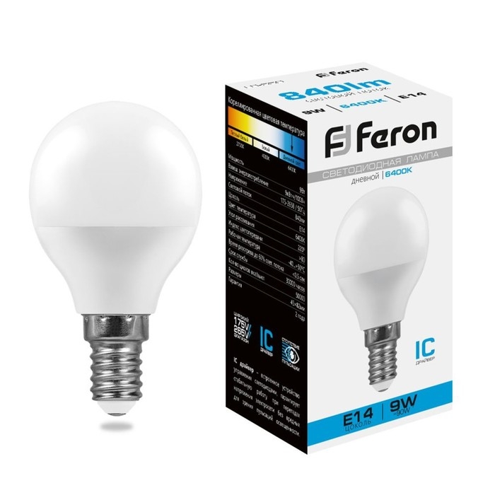 Лампа светодиодная FERON, G45, 9 Вт, Е14, 6400 К, холодный белый Лампа светодиодная FERON, G45, 9 Вт, Е14, 6400 К, холодный белый