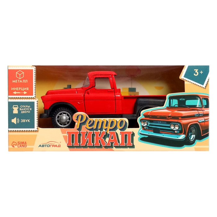 Машина «Ретро пикап», металлическая, инерция, открываются двери, световые и звуковые эффекты, 1:32, цвет красный
