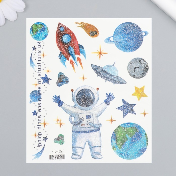 Татуировка на тело цветная Татуировка на тело цветная "Космонавт и планеты" блестки 12х10,5 см