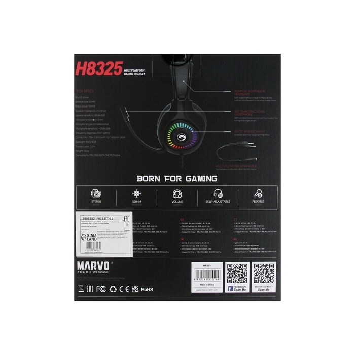 Наушники Marvo H8325, игровые, полноразмерные, микрофон, USB + 3,5 мм, 2 м, RGB, чёрные Наушники Marvo H8325, игровые, полноразмерные, микрофон, USB + 3,5 мм, 2 м, RGB, чёрные