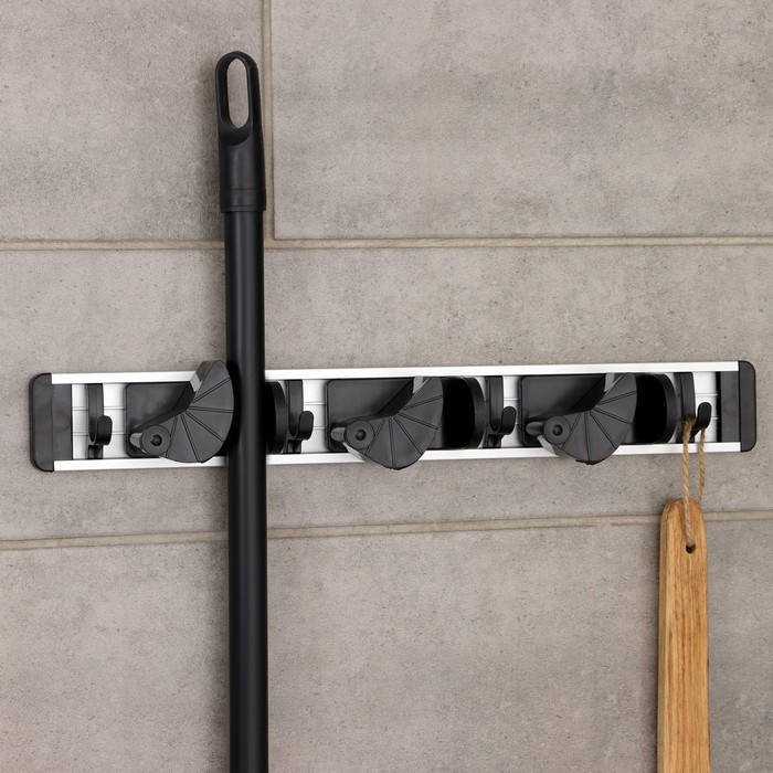 Держатель для швабр Доляна, 3 отделения, с крючками, 40×5×4 см Держатель для швабр Доляна, 3 отделения, с крючками, 40×5×4 см