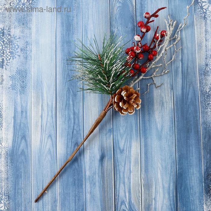 Декор  Декор "Зимнее очарование" хвоя веточка в серебре шишка ягоды, 30 см
