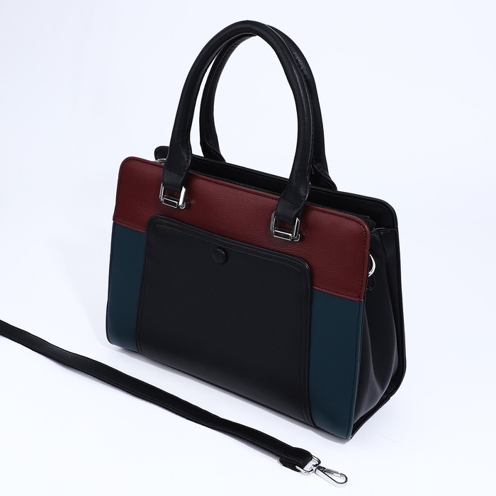 Сумка тоут на молнии, наружный карман, длинный ремень, цвет чёрный