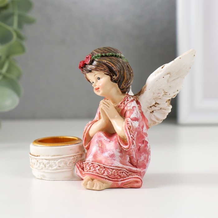 Подсвечник полистоун на 1 свечу "Ангел в платье с венком" d-2,2 см МИКС 7,2х8,7х5,5 см