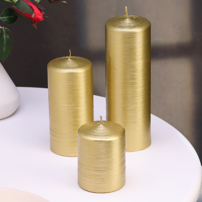 Набор свечей-цилиндров на подставке "Интерьерный", 3 шт, золотой