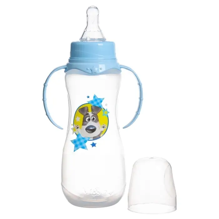 Бутылочка для кормления «Собачка Джекки», классическое горло, приталенная, с ручками, 250 мл., от 3 мес., цвет голубой
