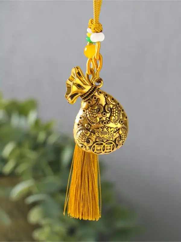 Подвеска металл, текстиль &laquo;Мешок и рыбы с лотосом, с кисточкой&raquo;, золотистый, 1.5&times;5.5&times;14 см