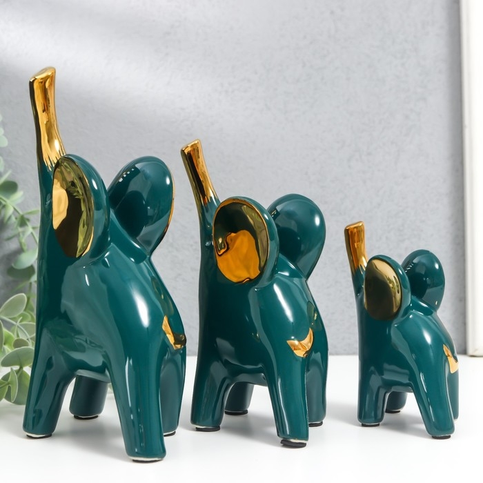 Сувенир керамика Сувенир керамика "Слоники - зелёный глянец" золото набор 3 шт 9х11; 10,5х15,5; 12,5х19 см