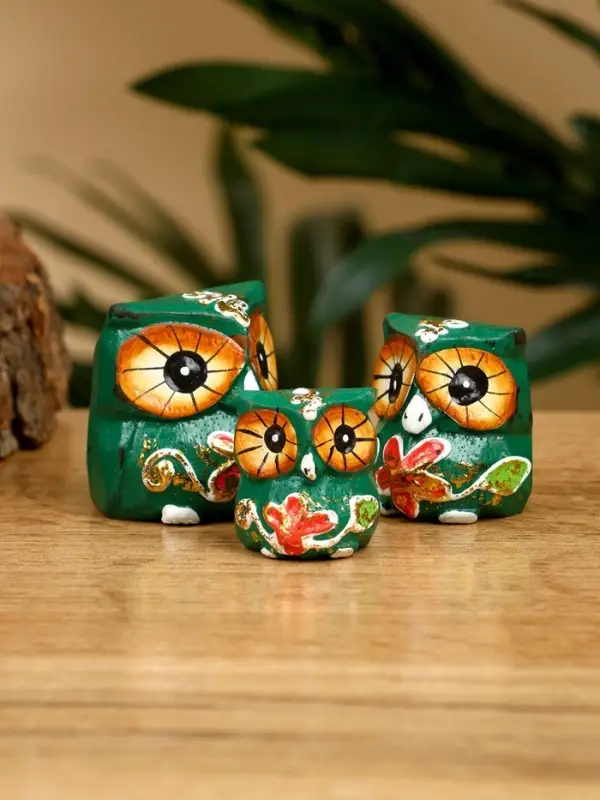 Набор сувенирный "Совята" дерево H 4, 3, 2 см, цв. зелёный