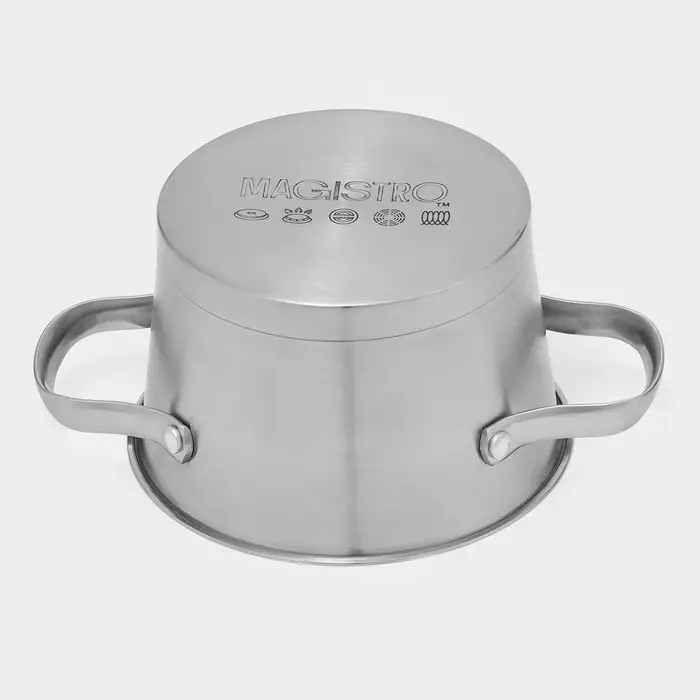 Кастрюля Magistro HiTech Steel, 1.5 л, d=16 см, h=10.5 см, с крышкой, слив для воды, капсульное дно, индукция, нержавеющая сталь, серебристая